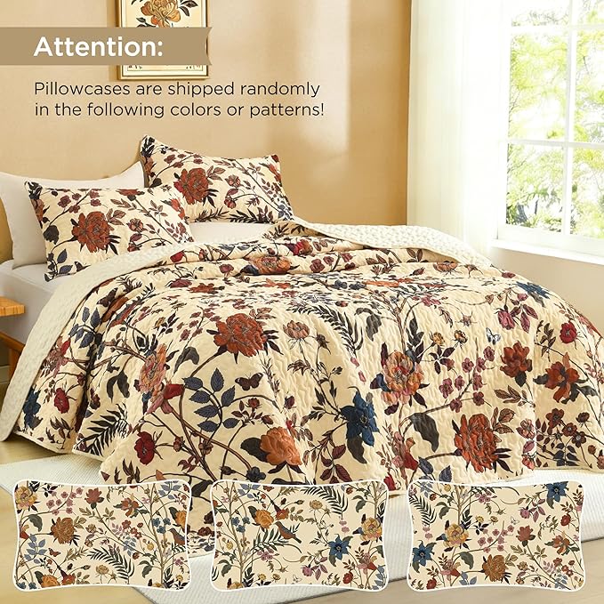 Litanika Floral Beige Quilt King - 3Pcs Botanical Birds Pattern Bed Set | Bedspread Summer Lightweight Soft Coverlet with Orange Flower for All Seasons(106"x96")