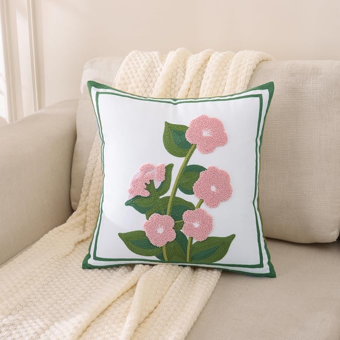 LUOYEHK Embroidered Throw Pillow Covers 18x18 Inch Set of 2 Pink Flower with Green Leaves Decorative Pillow Cases Spring Farmhouse Floral Cushion Covers for Couch Sofa Bed Living Room