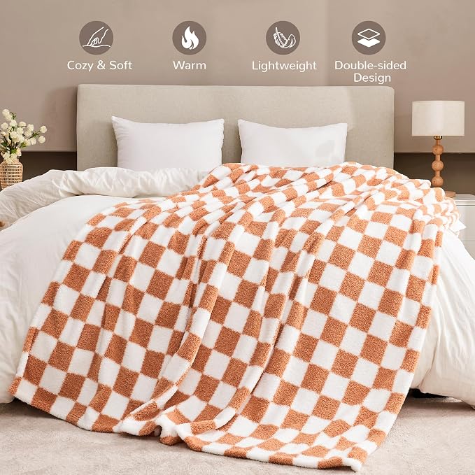 Caramel Orange Checkered Throw Blanket, Soft Plush Microfiber Fleece Blanket for Couch Sofa Travel, Cozy Decorative Home Blanket, All Season, 50x60 Inches