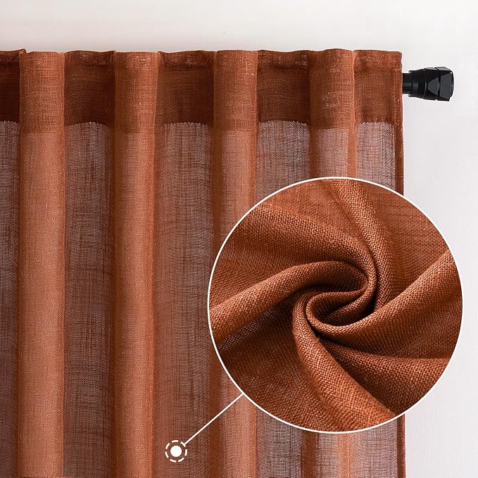 MIULEE Burnt Orange Fall Linen Curtains 120 Inch with Thick Linen Textured | Textured Window Drapes, Terracotta Rust Fall Decor, Semi Sheer Light Filtering, Rod Pocket Back Tab, 2 Panels 10 Ft