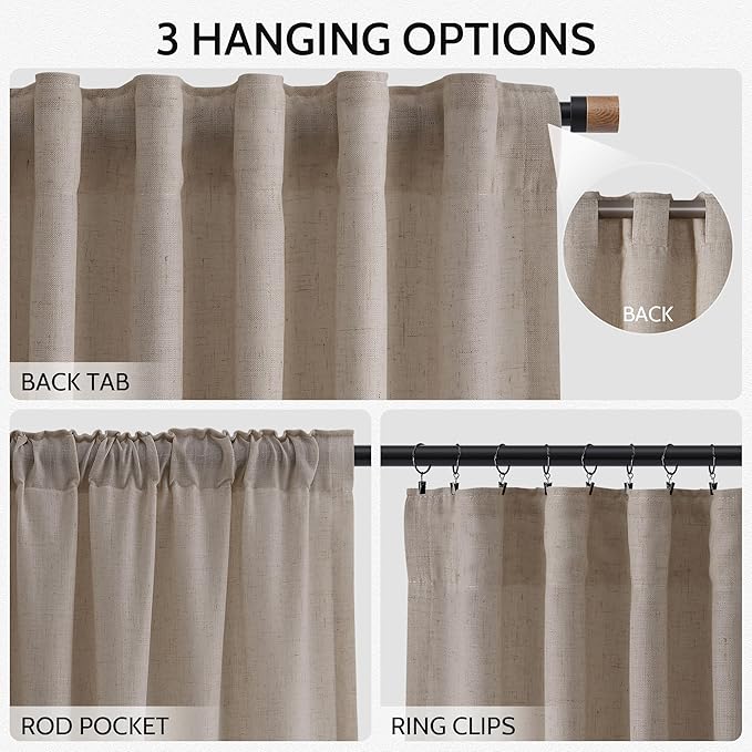 Ecru Linen Curtains for Living Room 105 Inches Long Light Filtering Semi Sheer Curtain Back Tab Rustic Farmhouse Decor Burlap Elegant Soft Luxury Boho Drapes for Bedroom Dinner Room 52x105, 2 Panels