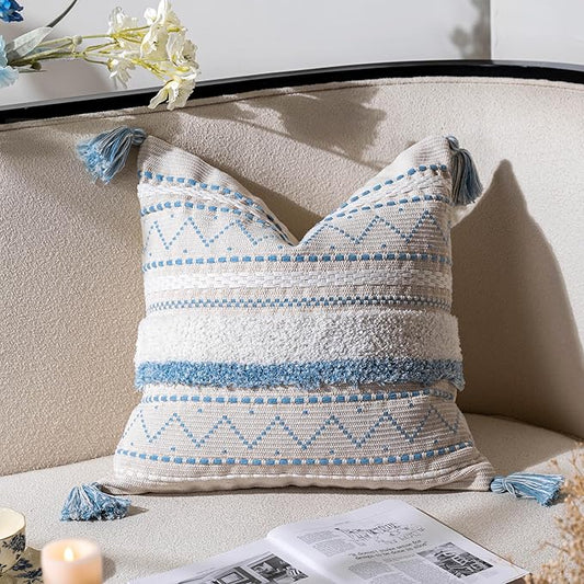 BlissBlush 20X20 Throw Pillow Cover, Coastal Blue Square Decorative Cushion Cover, Boho Accent Pillowcase with Tassels for Couch Sofa Living Room (Cover Only)