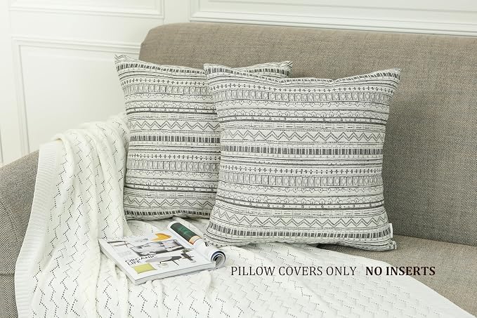 Mika Home Pack of 2 Throw Pillow Cases,Striped, 22x22 Inches, Gray Cream | Decorative Pillow Covers, Home Decoration, Bohemian Striped Geometric Pattern