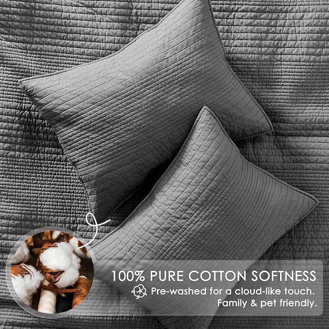 PALASSIO Striped Dark Grey 100% Cotton Quilt California Cal King Size Bedding Sets, Oversized Lightweight Channel Pick Stitch Textured Bedspread Soft Farmhouse Country Coverlet for All Season, 2 Shams