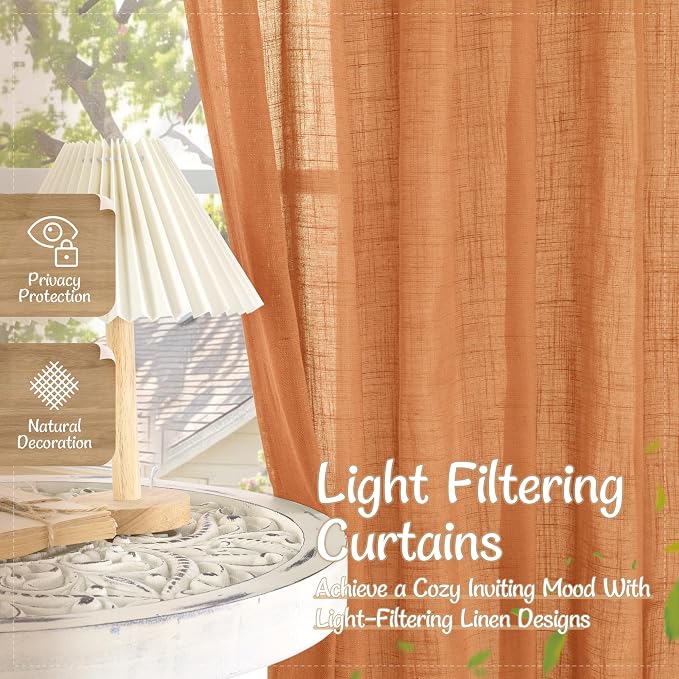 Burnt Orange Short Linen Curtains 45 Inch Length 2 Panels | Semi Sheer Light Filtering Panels, Kitchen, Curtains for Windows, Loft Room, Back Tab Rod Pocket, Country Decor, 34 x 45 Inch