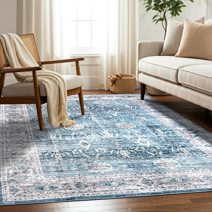Machine Washable Area Rug, Soft & Durable, Non-Slip, Stain Resistant Rug for Bedroom, Living Room, Dining Room, High Traffic Areas. (Blue/Turquoise, 6' X 9')