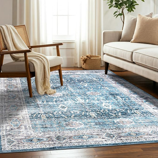 Machine Washable Area Rug, Soft & Durable, Non-Slip, Stain Resistant Rug for Bedroom, Living Room, Dining Room, High Traffic Areas. (Blue/Turquoise, 5' X 7')