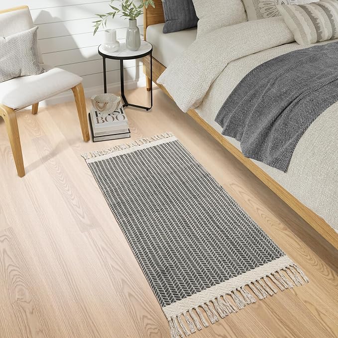 Lahome Boho Kitchen Runner Rug, 2x4.3 Washable Bathroom Entryway Rugs | Woven Cotton Throw Mat with Tassels, Farmhouse Non Shedding Lightweight Low Pile Carpet for Bath Bedroom Doorway, Khaki