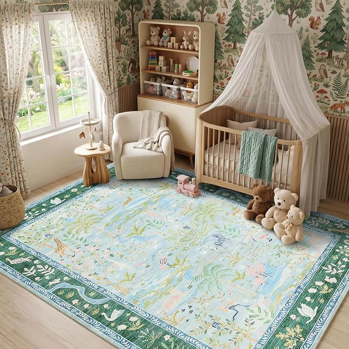 Jungle Animal Print 3x5 Washable Rug for Girls Bedroom Non Slip Blue Bohemian Whimsical Small Throw Carpet Low Pile Forest Fairy Tale Area Rugs for Living Room Nursery Bedroon, Teal/Blue