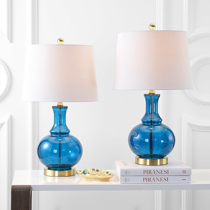 JONATHAN Y Lavelle 25" Glass Lamp, Cobalt Blue/Brass Gold, Set of 2
