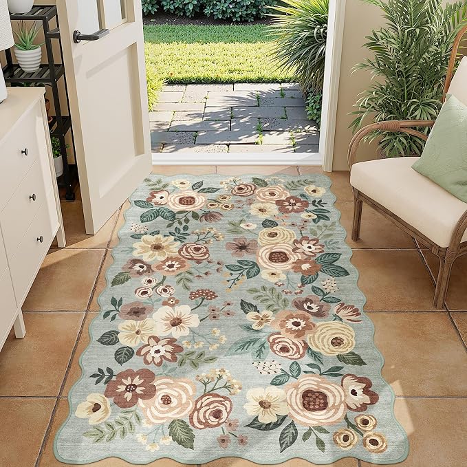 DUKINO 3x5 Area Rugs, Non Slip Floral Washable Rug for Bedroom, Sage Green | Soft, Low Pile, Non-Shedding Throw Rugs for Living Room, Entryway, Kitchen, Kids Room, Pet Friendly, Home Decor, Lightweight