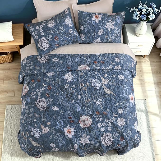 Litanika Floral Navy Quilt Oversized King - 3Pcs Botanical Birds Bed Set | Super King Plus Blue Bedspread Summer Lightweight Soft Coverlet for All Seasons(128"x120")