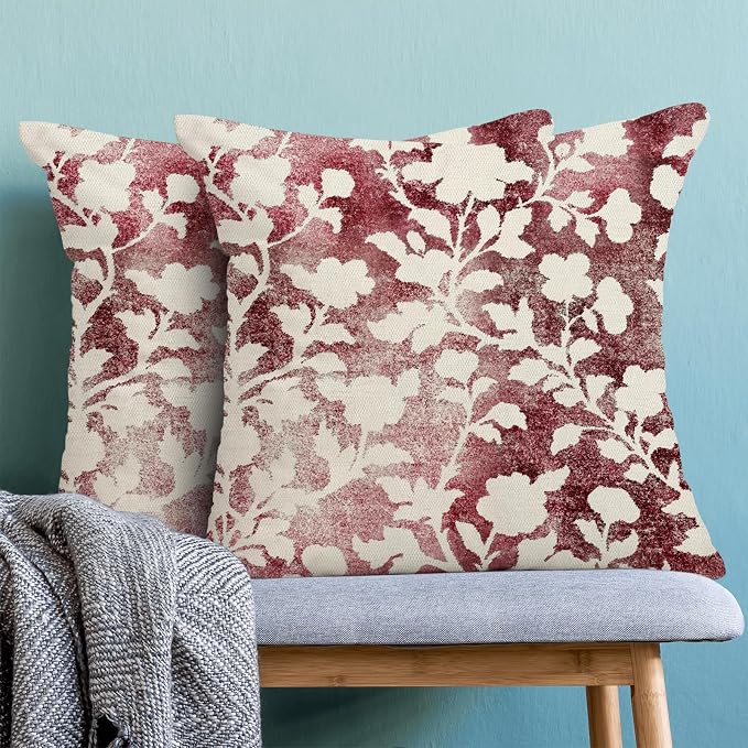 Burgundy Red White Floral Pillow Covers 18x18 Set of 2, Retro Decor Modern Style Abstract Flower Throw Pillows Farmhouse Outdoor Decorative Cushion Case Decorations for Home Couch Sofa Bed