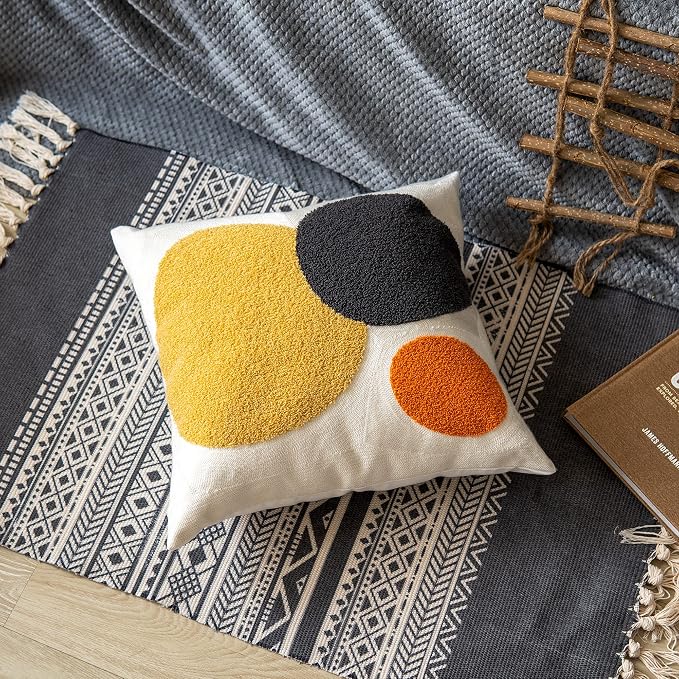 Decorative Geo Pillowcase, Boho Colored Throw Pillow Cover for Couch Sofa Bed Stylish Decor, Simple Cotton Textured Cushion Sham, Square 18 inches, 1PC(Yellow Orange)
