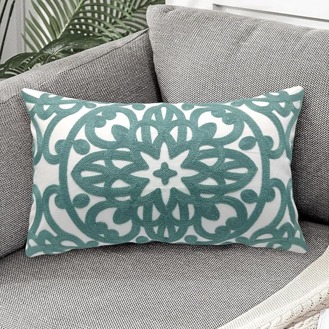 Alysheer Embroidered Lumbar Decorative Throw Pillow Cover 12"x 20", Classic Boho Mandala Embroidery Pattern Cotton Farmhouse Rectangular Cushion Case for Sofa Couch Living Room Bedroom(Dusty Blue)