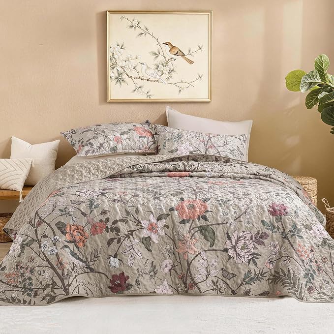 Litanika Floral Oatmeal Quilt Oversized King - 3Pcs Botanical Birds Bed | Super King Plus Bedspread Summer Lightweight Soft Coverlet with Orange Flower for All Seasons(128"x120")