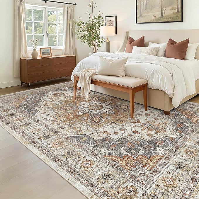 Madane 6x9 Area Rugs for Living Room, Vintage Washable Rug, Turmeric/Grey | Stain Resistant Floor Carpet With Non-Slip Backing For Bedroom, Dining Bedroom And Office, Soft Low-Pile Home Decor Mat