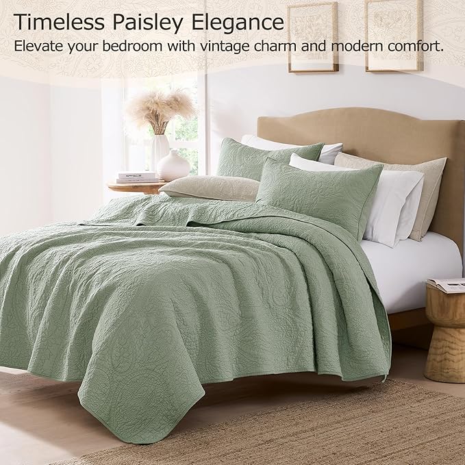 palassio Sage Green Paisley 100% Cotton Quilt Twin Size Bedding Sets with 1 Pillow Sham, Boho Floral Lightweight Farmhouse Country Vintage Soft Bedspread Shabby Chic Coverlet for All Season, 2 Pieces