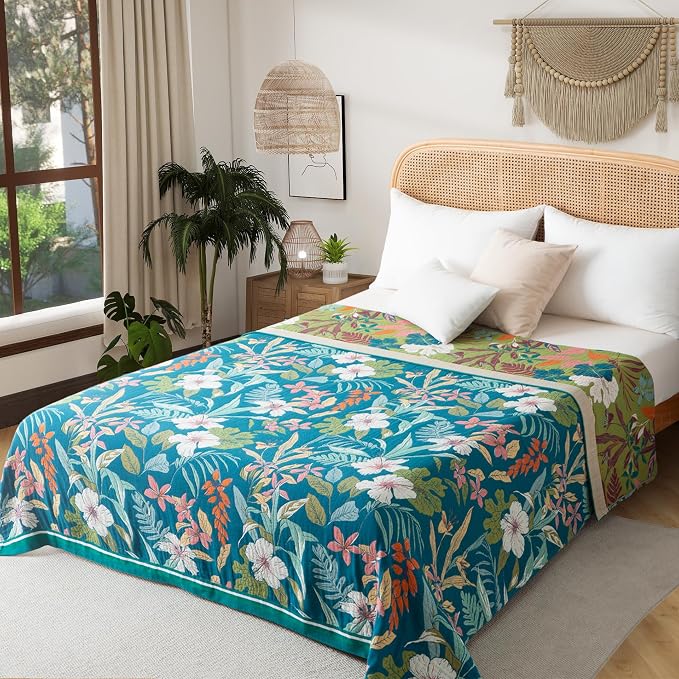 Phuryllic Boho Throw Blanket Full Size, Extra Large Soft Cozy Cotton Muslin Quilt Blanket for Bed Decor, Floral Patterned Couch Sofa Chair Cover, Vintage Farmhouse Cottage Woven Blanket, Teal&Green