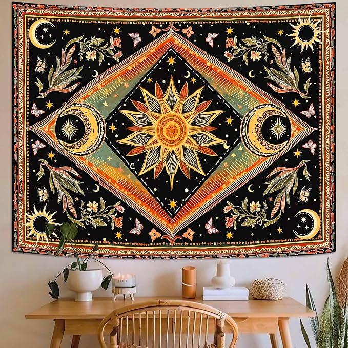 Accnicc Hippie Sun and Moon Tapestry Boho Mandala Floral Wall Tapestry for Bedroom Aesthetic Vintage Plant Celestial Colorful Small Tapestries Wall Hanging for Dorm Living Room Decor 48 x 36 Inch