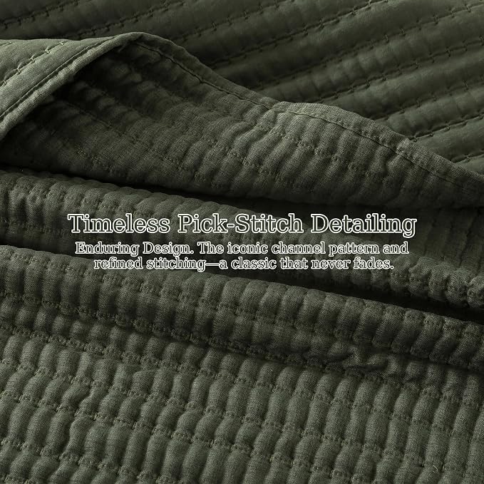 WDCOZY Olive Green King Size Pick Stitch Quilt Set, 3 Pieces 104x90 inches | Striped Lightweight Bedspread, Channel Farmhouse Coverlet, All Season Bedding Comforter, Textured Linen-Like, 2 Pillow Shams
