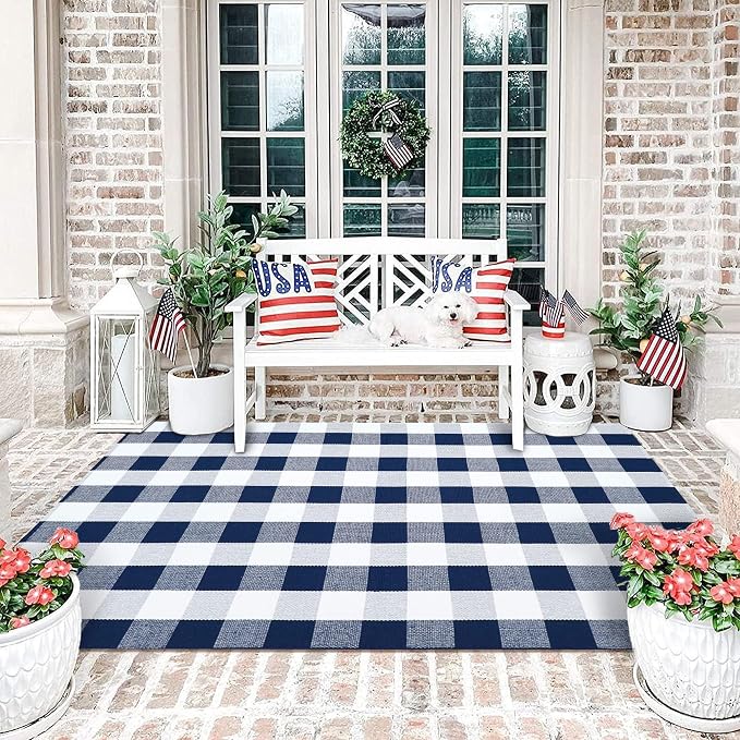 KILOCOCO Buffalo Plaid Checkered Rug 4x6 ft Blue and White Front Door Rug | Machine Washable Front Porch Rug, Outdoor Rugs, Indoor Living Room Rug, Cotton Low Pile Rugs for Kitchen Patio Dining Room