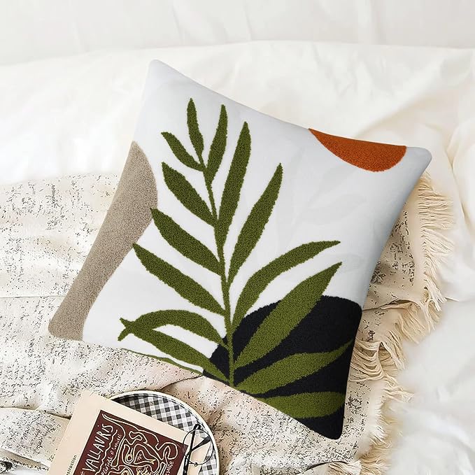 Merrycolor Decorative Throw Pillow Covers 16x16 Boho Pillow Covers Tufted Mid Century Modern Throw Pillows Abstract Leaf Pillow Cover Aesthetic Boho Pillows for Couch Bed Sofa Living Room 1PC