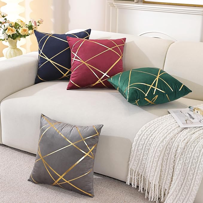 Gyulin Pack of 2 Velvet Throw Pillow Covers 18x18 Inch - Wine Red Gold Foil Geometric Cushion Cases, Modern Luxury Sofa Bedroom Living Room Home Decor
