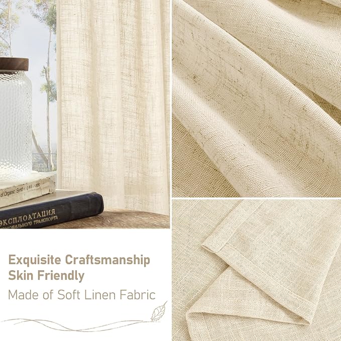 Beige Linen Sheer Curtains 84 Inch Length for Living Room 2 Panels | Light Filtering, Boho, Bedroom Window Curtains, Neutral Thick Drapes for Farmhouse, Bronze Grommet Panels, 52 X 84 Inch