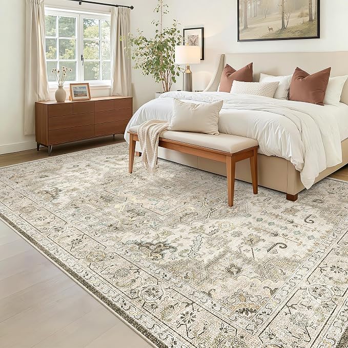 Madane 6x9 Area Rugs for Living Room, Vintage Washable Rug, Ivory/Brown | Stain Resistant Floor Carpet With Non-Slip Backing For Bedroom, Dining Bedroom And Office, Soft Low-Pile Home Decor Mat