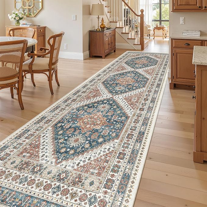 Madane Hallway Runner Rug 3x10 Washable Kitchen Runners 10ft, Navy Blue | Vintage Non-Slip Entryway Area Rugs Indoor, Low-Pile Farmhouse Wide Floor Carpet for Bathroom Living Room Bedroom
