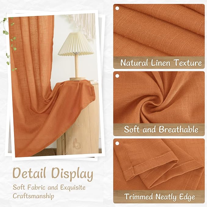 Burnt Orange Short Linen Curtains 45 Inch Length 2 Panels | Semi Sheer Light Filtering Panels, Kitchen, Curtains for Windows, Loft Room, Back Tab Rod Pocket, Country Decor, 34 x 45 Inch