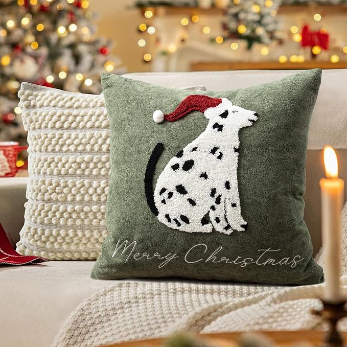 Cute Spotted Dog Christmas Pillow Covers 18x18, Embroidered Christmas Throw Pillow Covers Christmas Decorations Holiday Pillows for Home Couch, Green White/Black Velvet Cushion