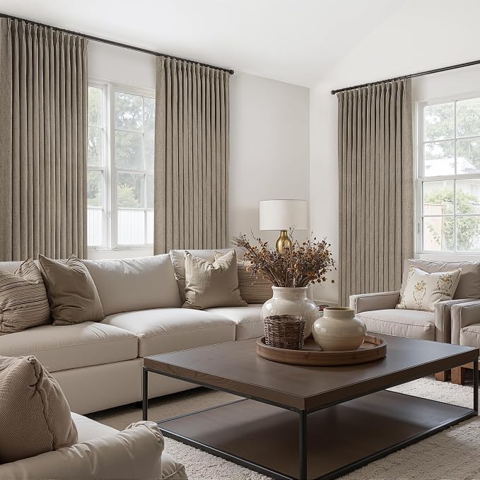 Custom 60 Inch Wide Pleated Natural Linen Curtains 92 Inches Long for Office, Memory Shape Dark Flax Semi Sheer Light Filtering Drapes Classroom 90-92 Inch Length Country Windows Curtain 2 Panels Set