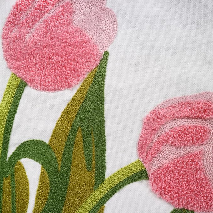 Embroidery Throw Pillow Cover 18x18 Home Decor Tulip Flower Loop Embroidered Floor Pillow Cover for Couch 100% Cotton Canvas Pillow Case Floral Cushion Cover 45x45cm, Pink Tulip, 1 Piece