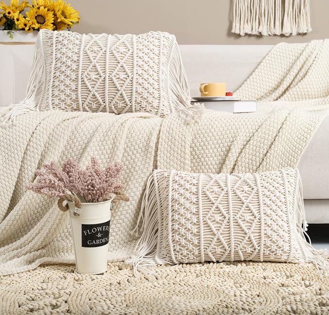 Macrame Lumbar Pillow Cover-Set of 2 with Tassels Rectangualr Cushion Covers Boho Throw Pillow Cover for Couch, Sofa, Bed, Farmhouse, Chair, Dining, Patio, Outdoor, car (B)