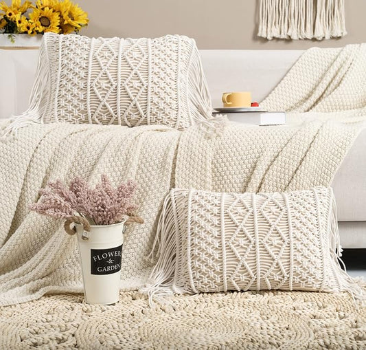 Macrame Lumbar Pillow Cover-Set of 2 with Tassels Rectangualr Cushion Covers Boho Throw Pillow Cover for Couch, Sofa, Bed, Farmhouse, Chair, Dining, Patio, Outdoor, car (B)