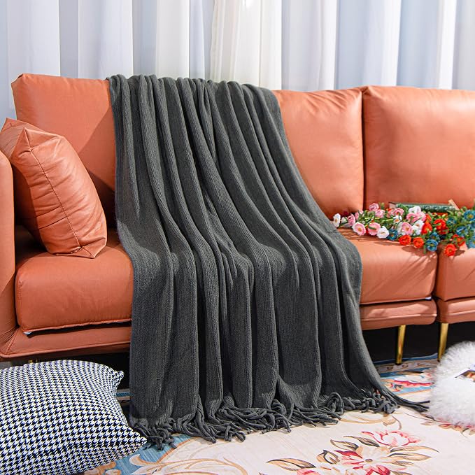 NTBAY Acrylic Knit Throw Blanket, 51 x 67, Grey Striped | Lightweight Acrylic Wave-Knit Throw with 7 Inch Tassels for Sofa, Bed, Reading, Travel, and Decorative Layering