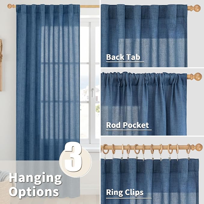 YoungsTex Navy Linen Curtains 90 Inch Length for Living Room, Dark Blue Semi Sheer Drapes with Rod Pocket Back Tab Light Filtering for Office Bedroom Windows, 2 Panels, 52 X 90 Inch