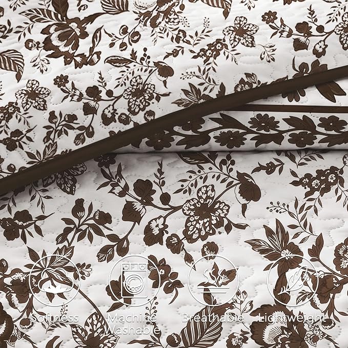 FLYMME Brown and White Vintage Floral Quilt Set Twin Size, 2-Piece Classic Reversible Bedspread Coverlet with 1 Pillow Sham, Lightweight Botanical Bedding Set for All Season