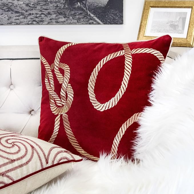 Embroidery Red Velvet Throw Pillow Cover, Merry Christmas Series Gift Knot Luxury Soft Fuzzy Cozy Warm Slik Gift Square Couch Cushion Pillow Case 20 x 20 Inch, Cover Only