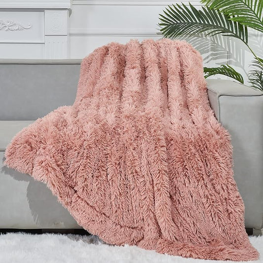 GONAAP Fuzzy Faux Fur Twin Blanket for Couch, Pink, 60"x80" | Warm Cozy Plush Shaggy Decorative Reversible Thick Non-Heated Fleece Blanket for Sofa Bed, Gift for Women Men, All Season Use