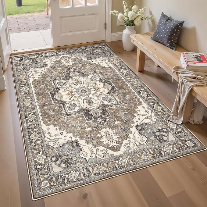 4x6 Area Rug for Living Room - Machine Washable Rugs with Non-Slip Backing Large Bedroom Carpet Distressed Oriental Non-Slip Non-Shedding Soft Thin Floor Mat for Dining Room Playroom(Beige,4x6)