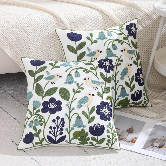 Embroidered Throw Pillow Covers 18x18 Pack of 2 Birds Pillow Covers Green Leaves with Floral Pillowcases Farmhouse Pillow Cushion Cases Square Navy Blue Flower Pillow Case Summer Home Decor