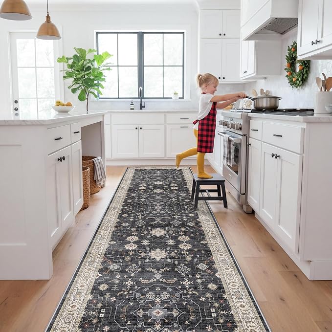 Washable 4x12ft Wide Hallway Runners - Non-Slip Vintage Kitchen Rugs with Rubber Backing Farmhouse Distressed Carpet for Dining Room Soft Thin Floor Mat for Living Room Bedroom (Black/Multi,4x12)