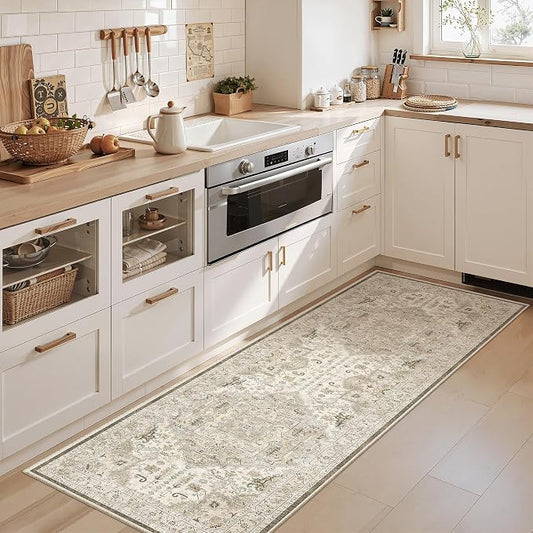 Madane Washable Runner Rug 2x6 Runners for Hallways Non Slip, Ivory/Brown | Vintage Stain-Resistant 6 Feet Kitchen Rug, Soft Low-Pile Ultra-Thin Floor Carpet Mat for Bathroom Laundry Room Bedroom 2x6ft