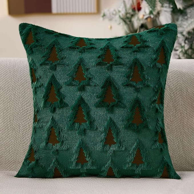Allorry Christmas Pillow Covers 20x20 Set of 2 Green Brown Double Xmas Tree Pillow Covers Soft Plush Faux Fur Christmas Decorations for Xmas Winter Holiday Home Bedroom Sofa Cushion Cases PT-008G20