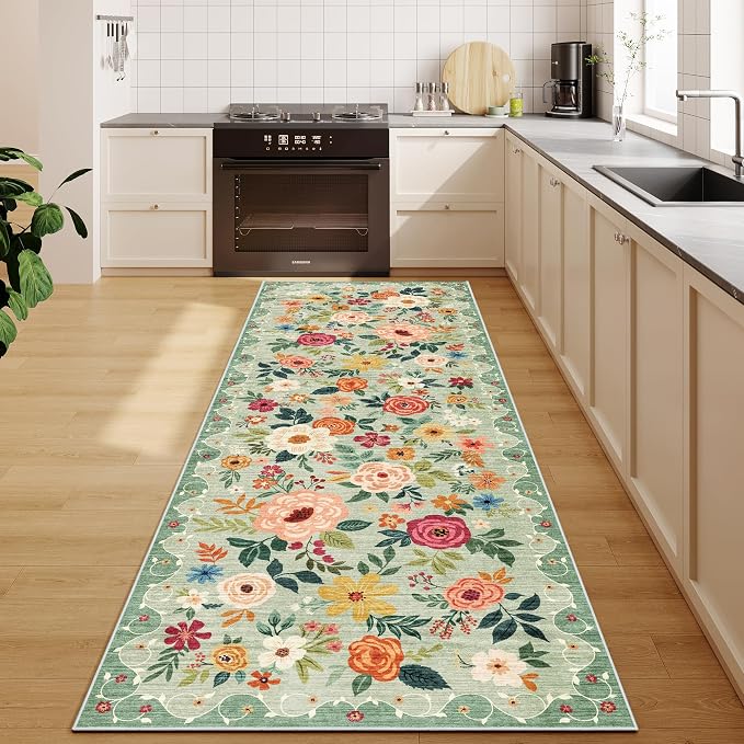 DUKINO 2.6x8 Runner Rug, Washable Runner Rug for Hallway Non Slip, Green | Low Pile, Soft, Floral Indoor Rug for Kitchen, Entryway, Bedroom, Bathroom, Pet Friendly, Stain Resistant, Modern Home Decor