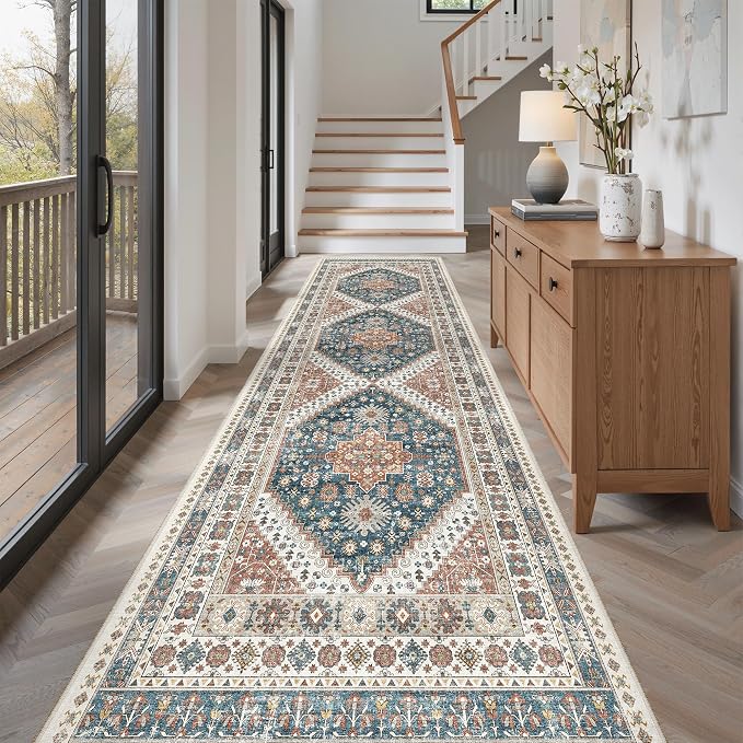 Madane Hallway Runner Rug 3x10 Washable Kitchen Runners 10ft, Navy Blue | Vintage Non-Slip Entryway Area Rugs Indoor, Low-Pile Farmhouse Wide Floor Carpet for Bathroom Living Room Bedroom