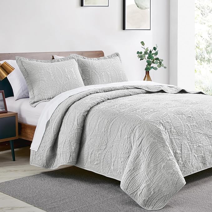 Love's cabin Quilts for Queen Bed Light Grey Bedspreads Bedding Set - Summer Lightweight Bedspread Comforter - Coin Pattern Bedding Coverlet for All Season - 3 Pieces (1 Quilt, 2 Pillow Shams)